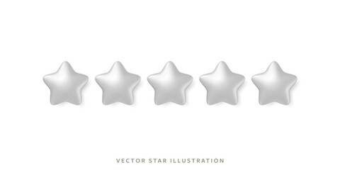 Five glossy silver stars without rating in row for customer review high quality rating system. 3d realistic vector 5 gray star object for feedback, service evaluations in mobile or product rating