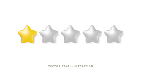 One glossy gold stars in row for customer review representing high quality rating system. 3d realistic vector 5 yellow star object design for feedback, service evaluation in mobile or product rating