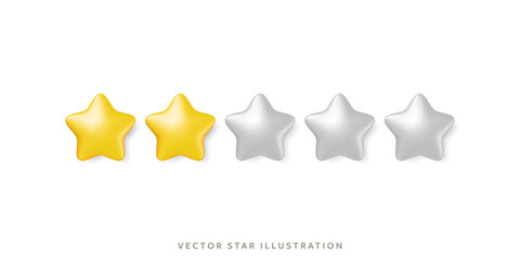 Two glossy gold stars in row for customer review representing high quality rating system. 3d realistic vector 5 yellow star object design for feedback, service evaluation in mobile or product rating