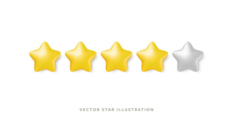 Four glossy gold stars in row for customer review representing high quality rating system. 3d realistic vector 5 yellow star object design for feedback, service evaluations in mobile or product rating