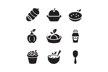 Baby Food Icon Set Cute Silhouette Vector of Puree, Snacks, Fruit and Meals