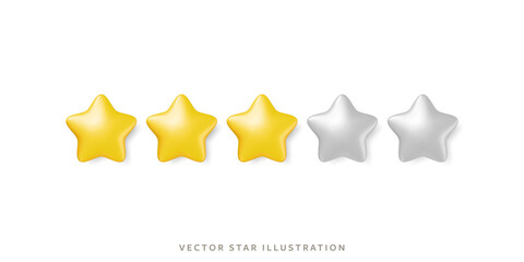 Three glossy gold stars in row for customer review representing high quality rating system. 3d realistic vector 5 yellow star object design for feedback, service evaluation in mobile or product rating
