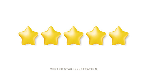 Five glossy gold stars in row for customer review representing a high quality rating system. 3d realistic vector yellow star object design for feedback, service evaluations in mobile or product rating