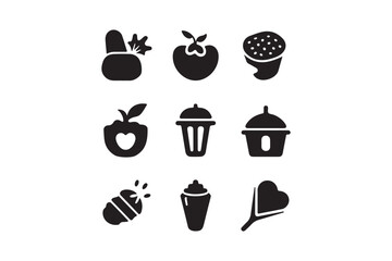 Cute Food Icon Set Black Silhouette Vector of Snacks, Fruits, Drinks and Treats