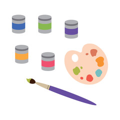 Brushes for painting, gouache paint and palette. Vector illustration on a white background.