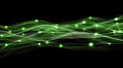 Abstract glowing green waves on black background