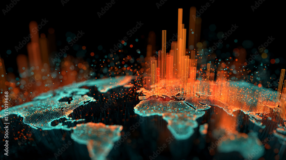 Poster abstract world map visualization, glowing teal and orange, depicting data points and energy flows, s