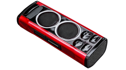 Red Portable Speaker with Black Grill, Buttons, and Accents, cut out transparent