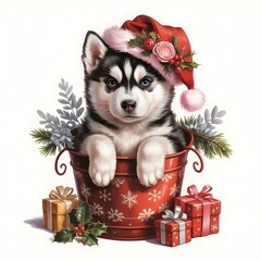 husky puppy with christmas gifts