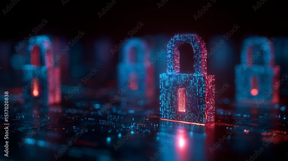 Poster cybersecurity digital padlock network security abstract data protection digital technology modern en