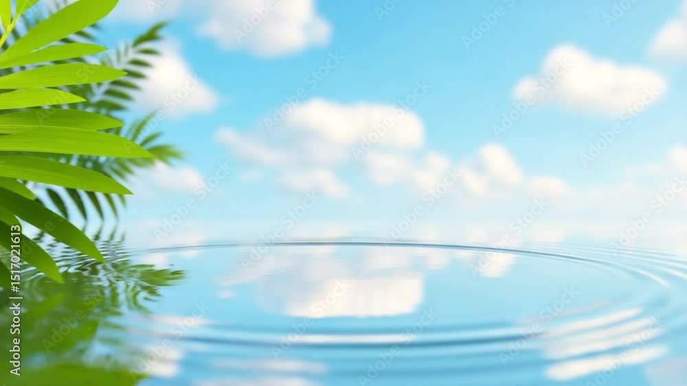 Poster reflection of serenity: a pristine pond surface reflects a clear blue sky dotted with fluffy clouds.