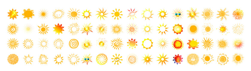 Large set of yellow suns. The sun objects are beautiful hand drawn. Not AI, Vector illustration.