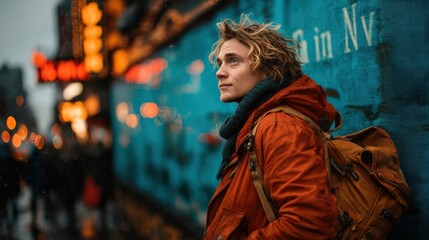 Obraz premium Young Man in Urban Setting with Backpack, Bright Orange Jacket, and Moody Atmosphere
