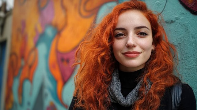 Outdoor portrait of a young woman with vibrant red hair.