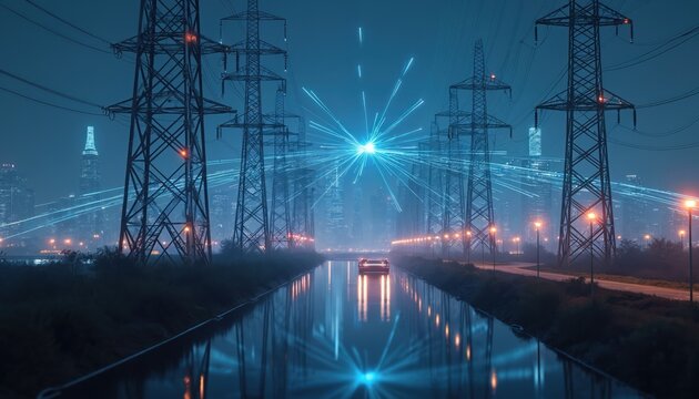High power electricity poles in urban area connected to smart grid. Energy supply distribution of energy transmitting energy, high voltage supply concept. Technology, future, innovation. Digital city.