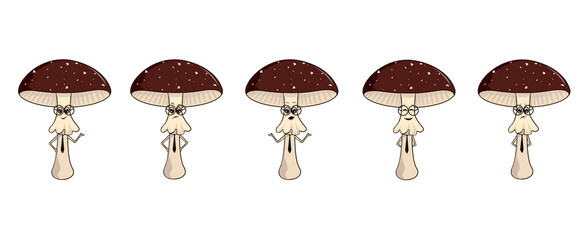 Cute cartoon mushroom sticker set with various facial expressions. Funny kawaii mushrooms showing emotions like happiness, sadness, surprise, sleepiness, love, and more. Perfect for messengers, kids' 
