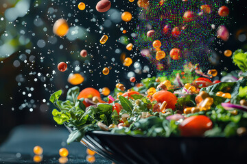 Nutrient molecules floating above a beautifully prepared salad, with vibrant holographic vitamin data shining in the air.
