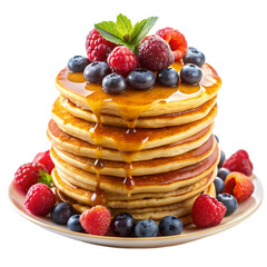 A Delicious Stack of Pancakes Topped with Fresh Berries and Syrup isolated on transparent baackground