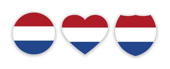 Netherlands national flag in a shape of circle, heart and shield isolated on white. Illustration