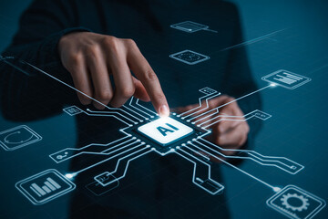 Hand interacting with blue holographic AI interface surrounded by circuit and document icons in a futuristic digital environment

