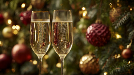Two champagne flutes filled with sparkling wine, set against a blurred background of a decorated Christmas tree with gold and red ornaments, conveying festive cheer and celebration