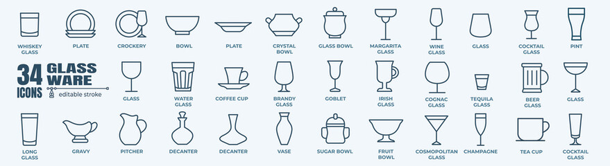 Glass ware, dish and Tableware minimal thin line web icon set. Outline editable icons collection. Simple vector illustration.