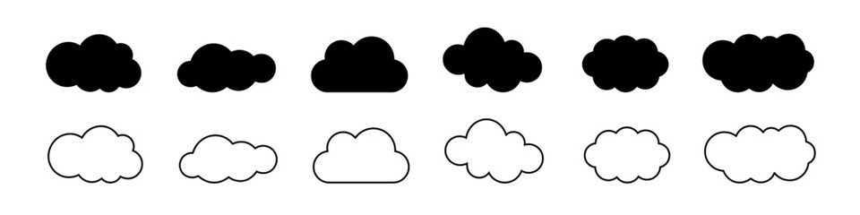 Set of black linear and silhouette clouds, various shapes of cloud outline.
Vector illustration.