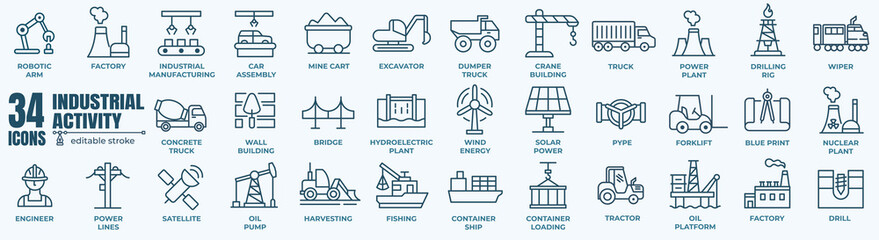 Industry and production line icons collection. Factory, energy, manufacture, tools icons. Editable line vector icons