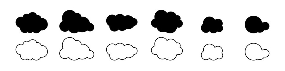 Set of black linear and silhouette clouds, various shapes of cloud outline.
Vector illustration.