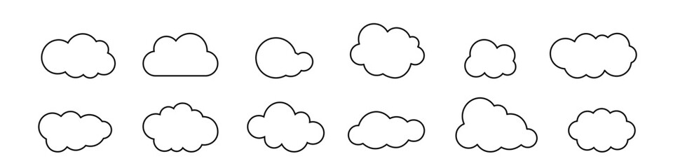 Set of black linear web clouds, different shapes of outline clouds.
Vector illustration.