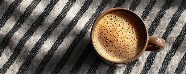 Cozy cup of coffee on striped fabric in natural morning sunlight