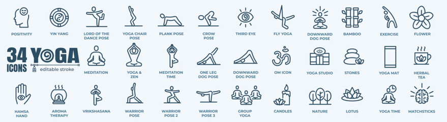 Yoga icon and yoga pose set - graphic design elements in outline style for spa center or yoga studio. Set of line logos and symbols. Vector illustration.