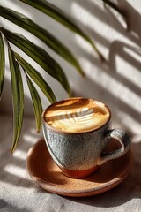 Artistic Cup of Coffee with Latte Art and Leafy Shadows