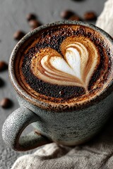 Artistic heart-shaped latte art on a beautifully crafted ceramic coffee cup