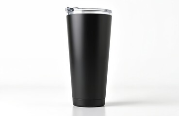 Black tumbler mockup against white background. Stainless steel insulated cold beverage container. Aluminum travel water bottle with lid. Thermo cup for hot drinks isolated on white. Metal bottle