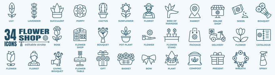 Flower shop line icons collection. Editable line