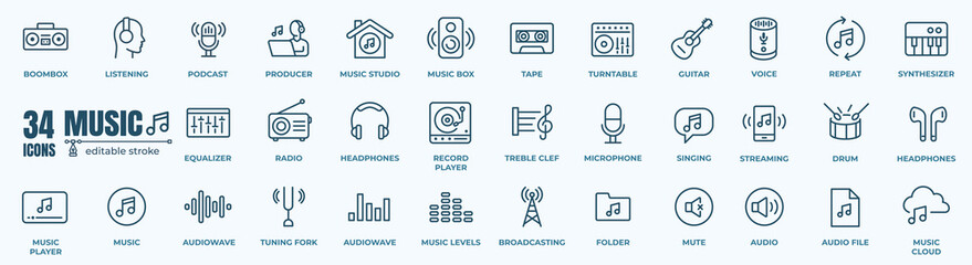 Music vector icon set. Musical instrument symbol. Containing musical note, vinyl record, radio, piano, speaker, sound and disc icons.