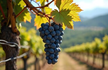 Fototapeta premium Ripe black grapes growing on Douro Valley vineyards, Portugal. Autumn season, organic grapes harvest, wine production. Perfect wine making concept. Black ruby fruits on vine with green leaves, vinery
