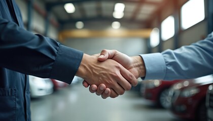 Auto mechanic shakes hands with client in garage. Two men make deal about automobile repair service. Handshake symbolizes trust, cooperation, successful maintenance, pro support.