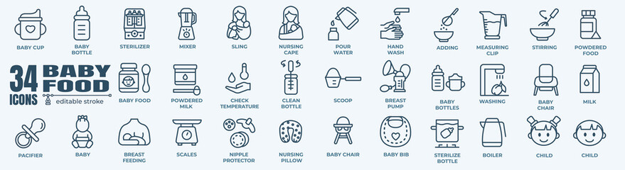 Baby food and drink icons, such as bottle, jar, powder, cereal and more. Editable stroke.