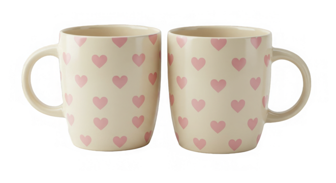 Two mugs with pink hearts set against a transparent background evoke feelings of love and warmth. - Powered by Adobe