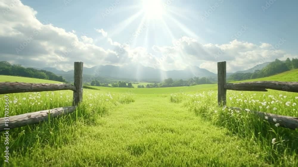 Poster pathway to tranquility: a rustic wooden fence frames a picturesque green field under a radiant sky, 
