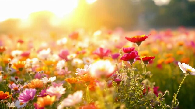 Colorful wildflower field with pink cosmos and orange bloom swaying in golden sunlight. Summer meadow full of vibrant flower. Use for wedding and garden content