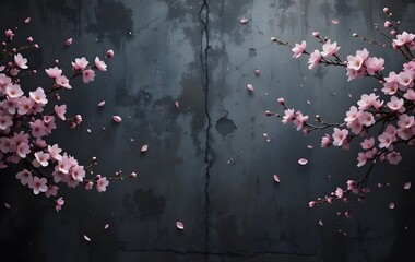 a dark grunge concrete wall with spring pink blossoms on branches on sides of background with copy space in the middle