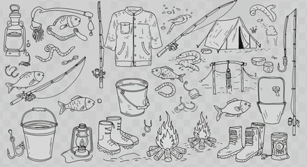 Cute Kids Camping & Fishing – Hand Drawn Vector Set with Outdoor Gear, Hooks, Bonfire, Tent, and Forest Animals