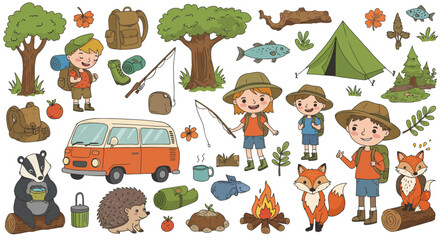 Cute Kids Camping – Flat Vector Illustration of Summer Camp, Hiking, Fishing, Forest Animals & Outdoor Equipment