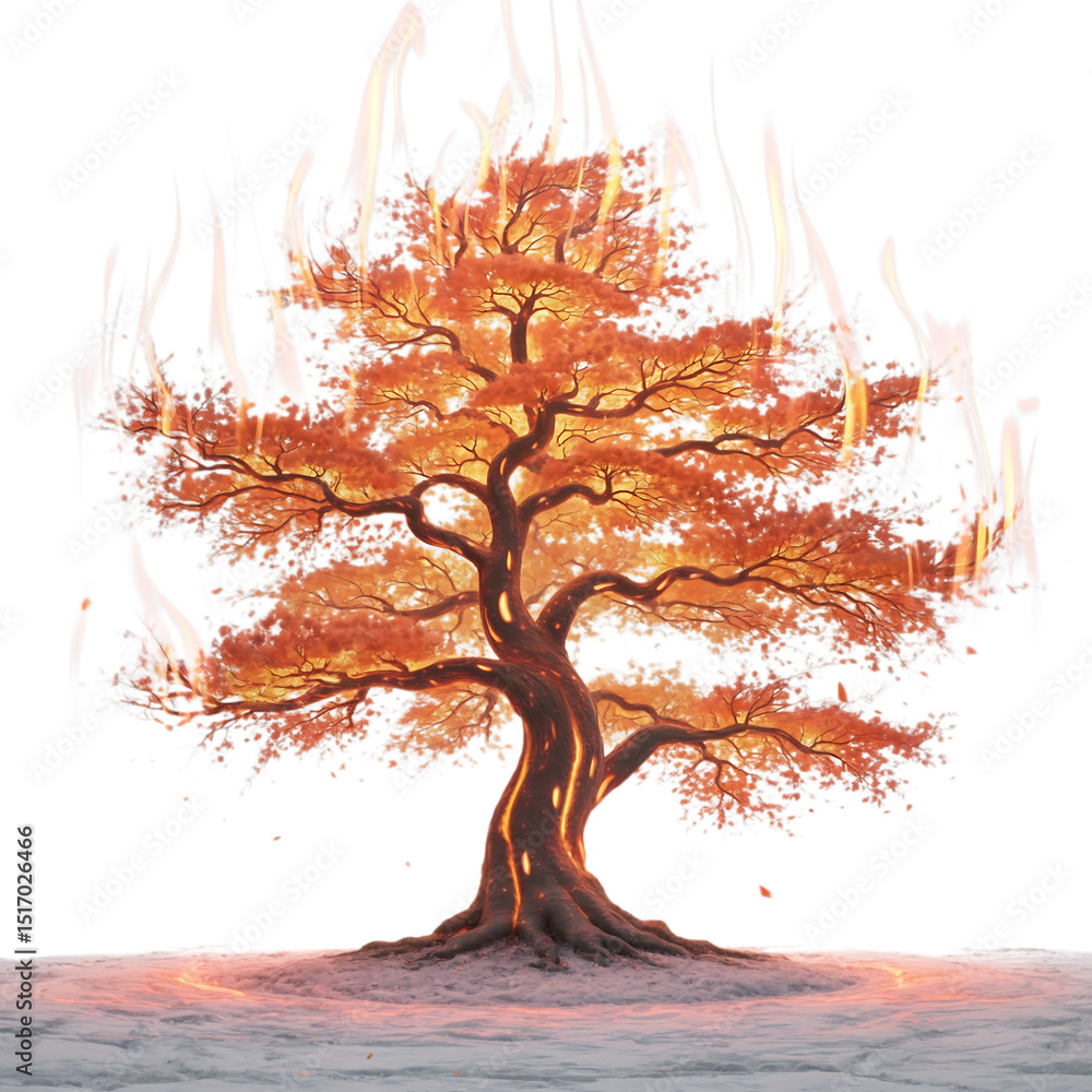 Poster an enchanted tree ablaze with autumn hues radiating warmth amidst a on transparent background