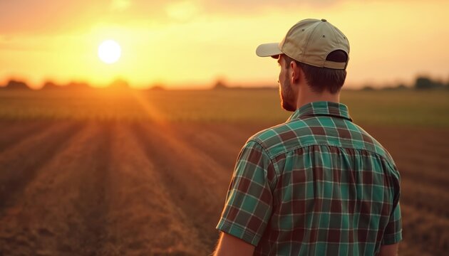 Farmer looks over field at sunset. Man contemplates change in land, future ahead. Agriculture landscape, rural life. Farming, hope, sky, clouds, dirtied plough.