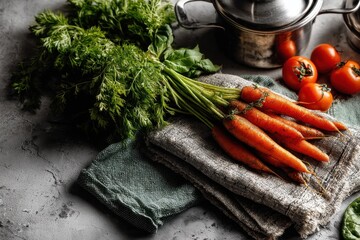 Fresh vegetables composition featuring carrots, tomatoes, and greenery on rustic fabric