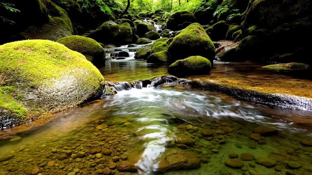 Sunlit forest stream flowing over mossy rocks with golden light filtering through trees. Use for relaxation meditation spa wellness nature therapy content